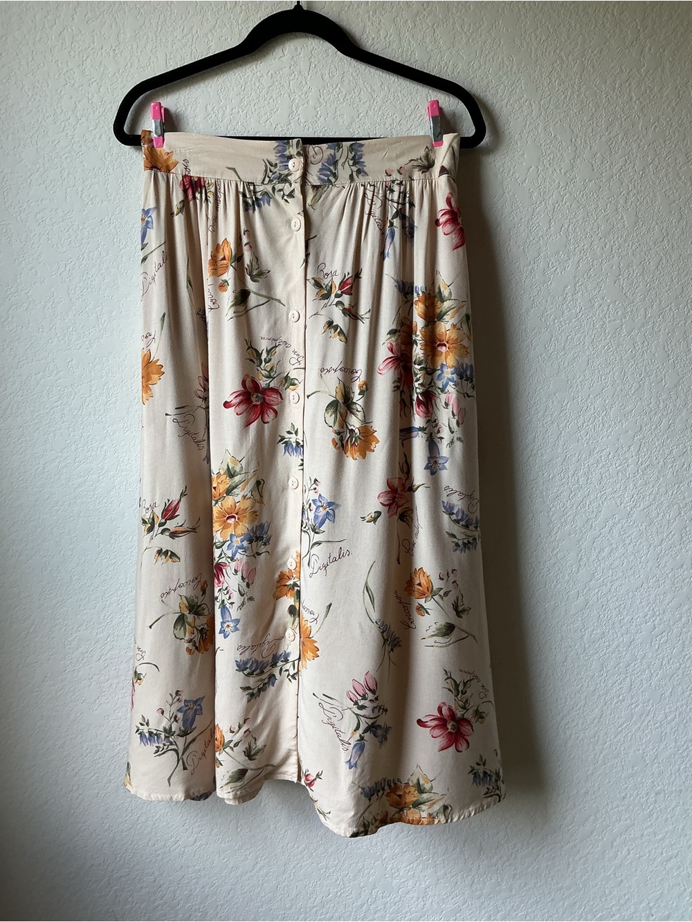 Vintage 90s Laura Scott Botanical Floral Midi Skirt with Pockets Cream L